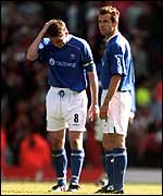 Matt Holland and Marcus Stewart look downcast as Ipswich lose their Premiership status 