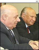 Rauf Denktash, Turkish Cypriot leader, left, and Glafcos Clerides, Greek President of Cyprus, meets at UN for talks
