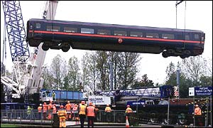 Lifting a train from the track at the scene of the Hatfield crash