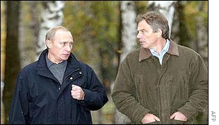 Blair and Putin walking in the woods