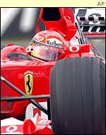 Michael Schumacher at the wheel of the Ferrari F2002 in Japan