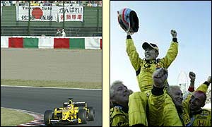 Takuma Sato celebrates his fifth place finish for the Jordan team