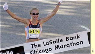 Paula Radcliffe wins setting a new world record in the process