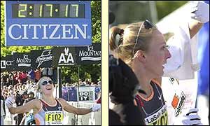 After smashing the world record Paula Radcliffe waves to the crowd thanking them for their support during the race