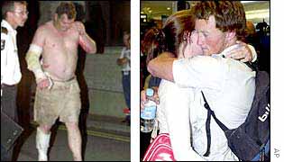 A survivor staggers into hospital in Darwin (left) while bomb survivor hugs his girlfriend as he arrives at Sydney airport