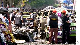 An Indonesian forensics team works among the wreckage, Kuta, Bali