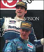 Damon Hill and Michael Schumacher on the podium after the 1994 Japanesen Grand Prix