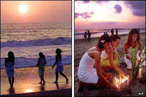 Indonesians and tourists walking and praying on the beach
