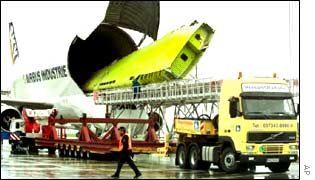 An airbus wing being unloaded from a transport plane.
