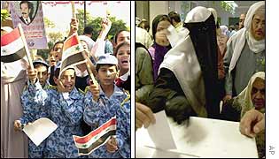 Boys in pro-Saddam rally and woman in veil votes