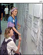 Australian women look at lists of the missing posted in Denpasar, Bali
