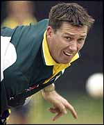 Glenn McGrath bowls in the nets