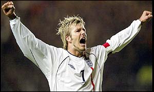 David Beckham celebrates scoring England's opener after Macedonia had taken a shock lead