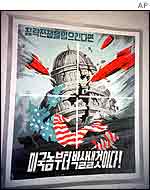 North Korean propaganda posters showing missiles hitting the US Capitol