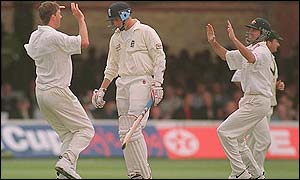 Glenn McGrath celebrates the prize wicket of Michael Atherton at Lord's