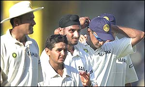 The Indian team take to the field on the first day of the second Test against the West Indies