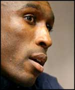 Sol Campbell faces the press following England's draw with Macedonia