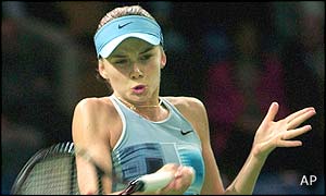 Daniela Hantuchova returns a ball to Russia's Elena Dementieva