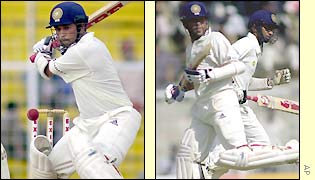 Sanjay Bangar becomes the third man out after the earlier dismissals of Sehwag and Dravid