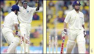 Jermaine Lawson removes Sachin Tendulkar to claim his second wicket of the day