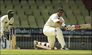 Matthew Hayden plays a shot on his way to a half-century