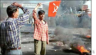 Nepalese leftists demonstrating during a strike 