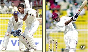 West Indies' Ramnaresh Sarwan hits the ball for a boundary off India's Harbhajan Singh
