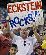 An Angels fan shows his support for Eckstein