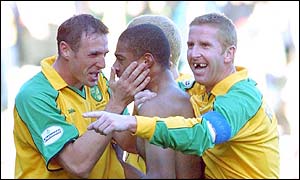 Substitute David Nielsen celebrates scoring one of his two goals