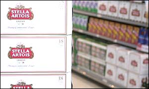 Cans of beer in a supermarket