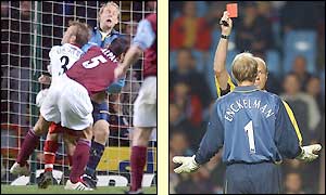 Peter Enckelman concedes a penalty and is sent off following a collision with Southampton striker Brett Ormerod