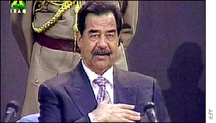 Saddam Hussein on Iraqi television at his swearing-in ceremony