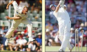 ACB XI bowler Michael Clark took two wickets against England - Nasser Hussain is clean bowled 