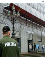 A German policeman outside the Hamburg court
