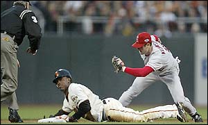Kenny Lofton of the San Francisco Giants attempts to steal second base during the first inning
