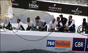 When Stars & Stripes are penalised for failing to keep clear of the British boat, GBR Challenge pounce to break away and cross the line first