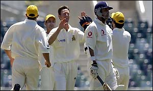 Mark Butcher was caught and bowled by Callum Thorp for seven runs