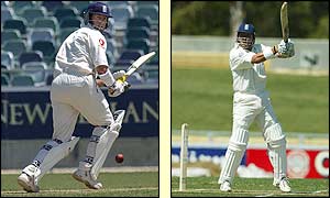England opener Marcus Trescothick plays the ball fine and Alex Stewart plays a square cut
