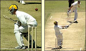 Chris Rogers ducks an Andy Caddick delivery as Mike Hussey pulls a stray Steve Harmison ball