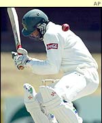 Hannan Sarkar is hit in the face by a Nantie Hayward bouncer