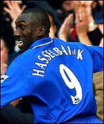 Jimmy Floyd Hasselbaink celebrates his goal against West Brom