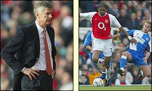 Arsene Wenger watches as Arsenal's Kanu tussles with Blackburn's Tugay