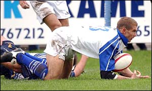 Dafydd crosses for one of his two tries against Leinster