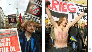 Marcher holding placards during a demonstration in Freiburg (l) with another in Heidelberg with 