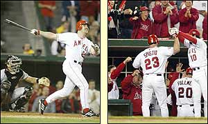 Scott Spiezio's shot to right field scores Troy Glaus and Brad Fullmer and brings the score back to 5-3