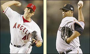 Anaheim's rookie pitcher John Lackey starts for the Angels with Livan Hernandez on the mound for the Giants