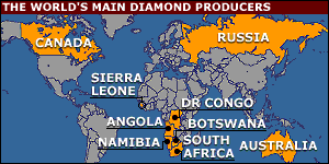 Map of world's main diamond producing countries