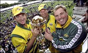 Mark Waugh, Steve Waugh and Shane Warne hold aloft the World Cup in 1999