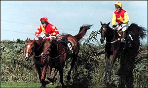Adrian Maguire on Moorcroft Boy leads at the last fence of the 1994 Grand National, but Richard Dunwoody (right) on Minnehoma eventually wins the race