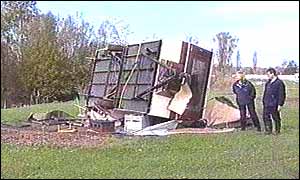 A flipped caravan, Billing Aquadrome near Northampton